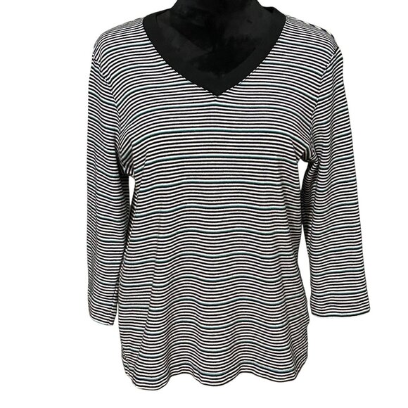 Kim Rogers Tops - Kim Rogers Women’s XL Top Black White Striped V-Neck 100% Cotton Classic